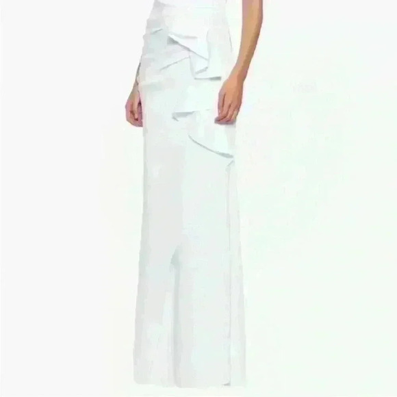 Xscape Long One‎ Shoulder Scuba Ruffle Dress Made In USA White Size 12 - Picture 3 of 7